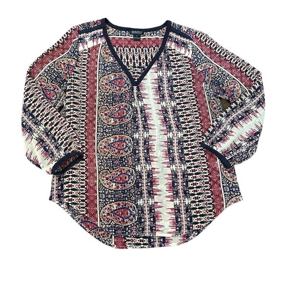 Lucky Brand cream, maroon & navy print long sleeve sheer top size L - Picture 10 of 10
